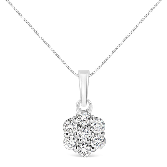 14KT White Gold 1/2 cttw Diamond Floral Cluster Pendant Necklace (HI,