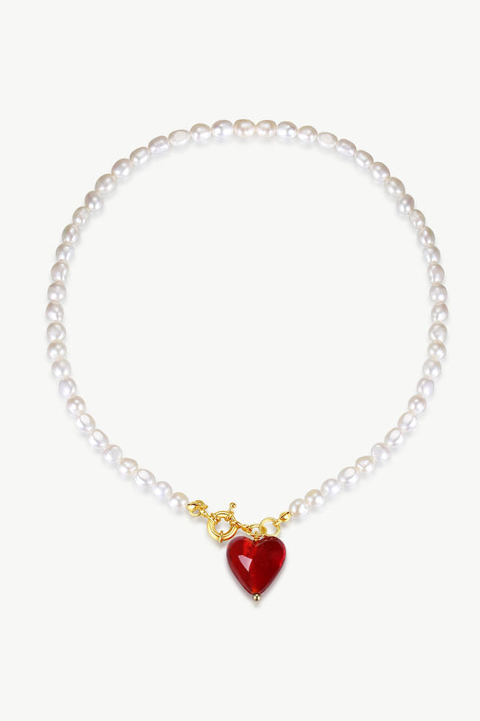 Esmée Red Glaze Heart Pendant Pearl Necklace