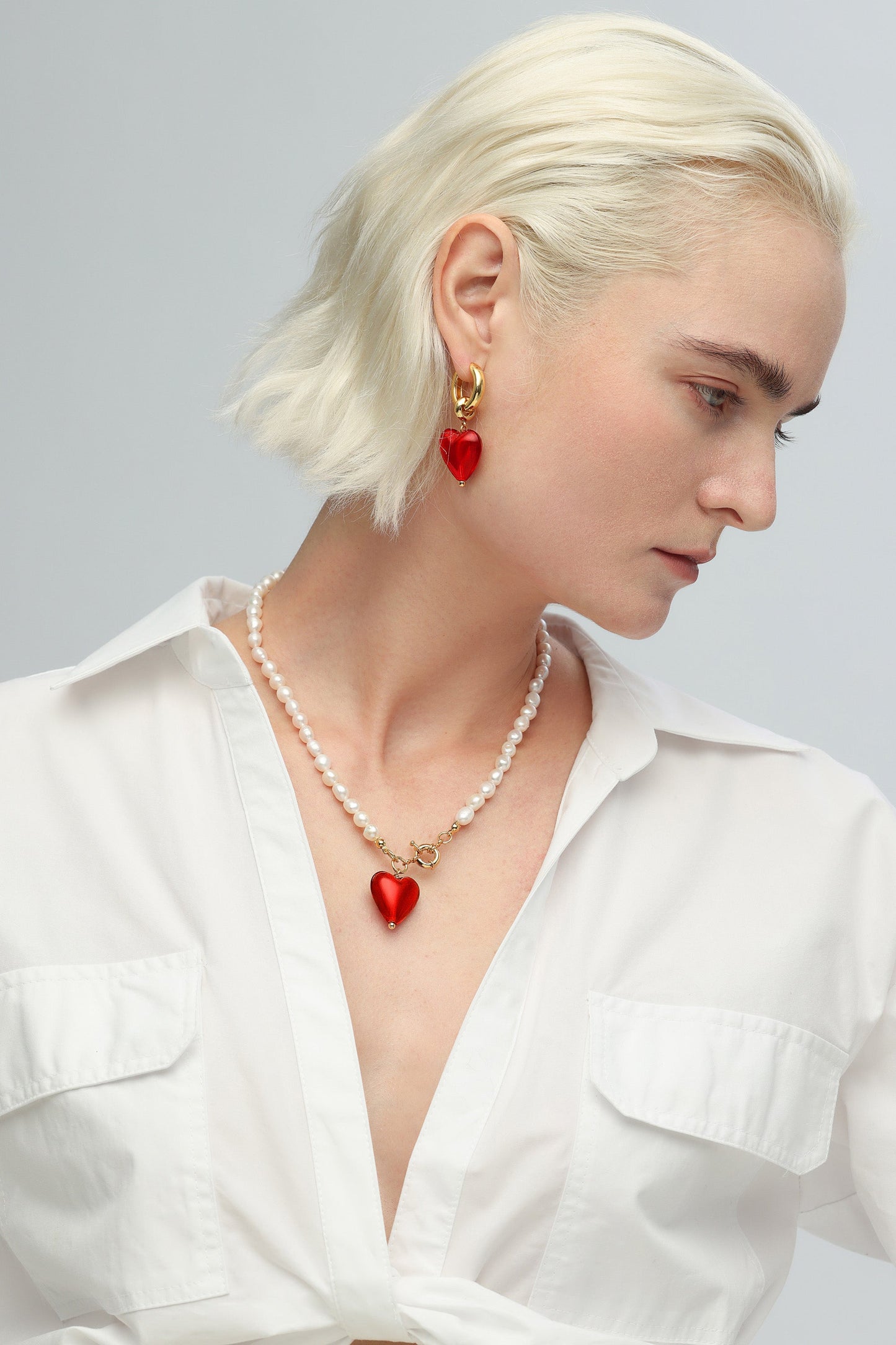 Esmée Red Glaze Heart Pendant Pearl Necklace